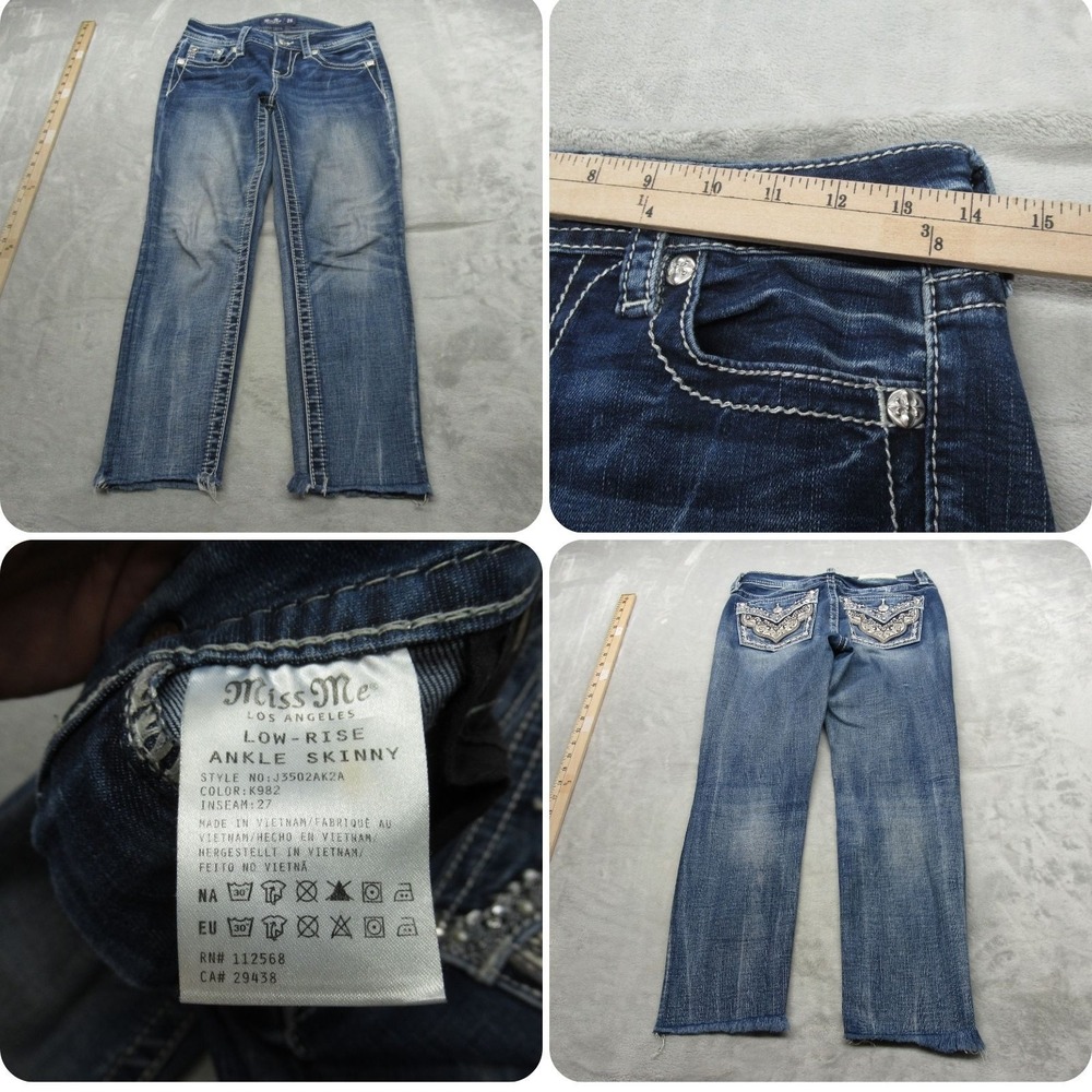 Miss Me Jeans Womens 25‎ Blue Embellished Raw Hem Low Rise Ankle Skinny 28x24